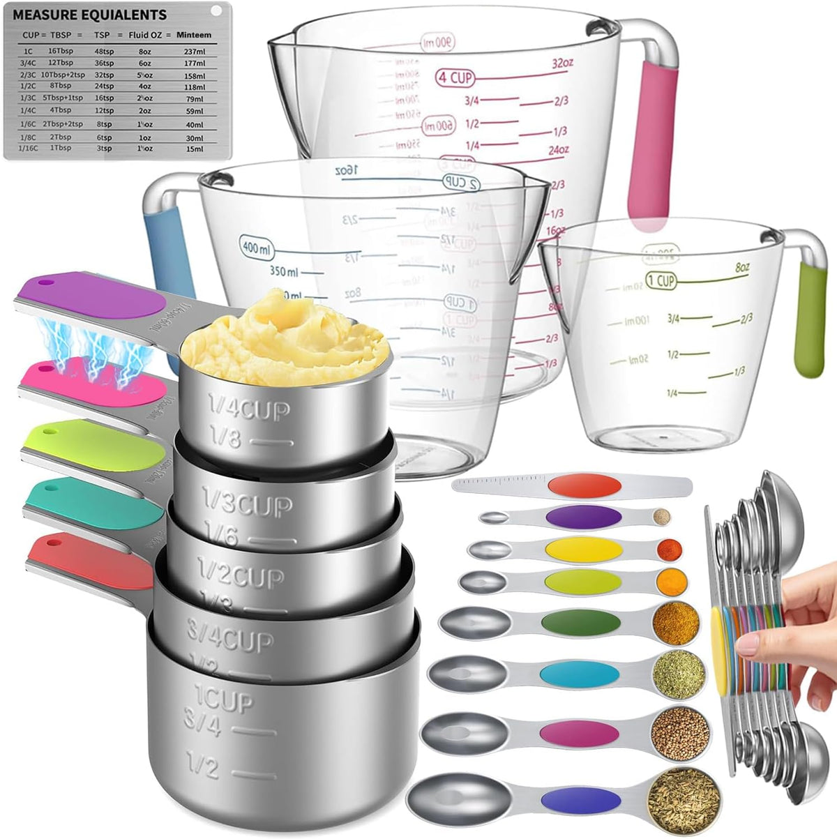 Magnetic Stainless Steel Measuring Cups and Spoons Set for Cooking & Baking, 3 Plastic Measuring Cups, 5 Magnetic Measuring Cups, 7 Magnetic Measuring Spoons, 1 Leveler, 1 Measuring Chart