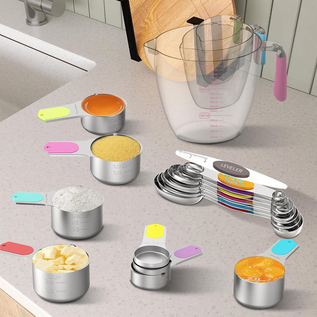 Magnetic Stainless Steel Measuring Cups and Spoons Set for Cooking & Baking, 3 Plastic Measuring Cups, 5 Magnetic Measuring Cups, 7 Magnetic Measuring Spoons, 1 Leveler, 1 Measuring Chart