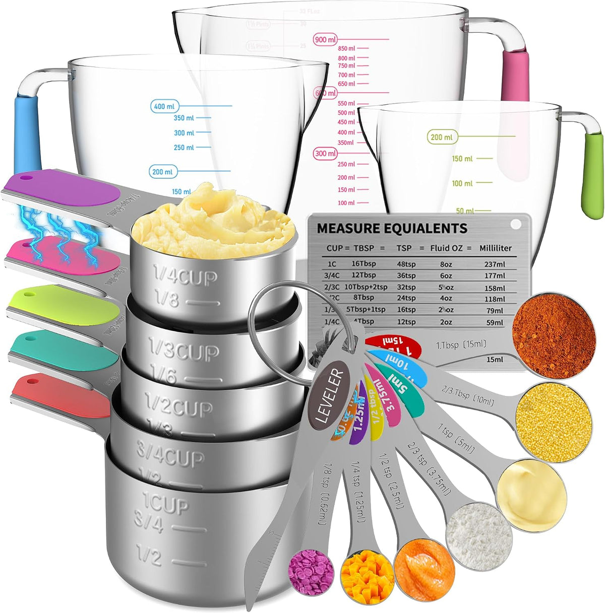 Magnetic Stainless Steel Measuring Cups and Spoons Set for Cooking & Baking, 3 Plastic Measuring Cups, 5 Magnetic Measuring Cups, 7 Magnetic Measuring Spoons, 1 Leveler, 1 Measuring Chart