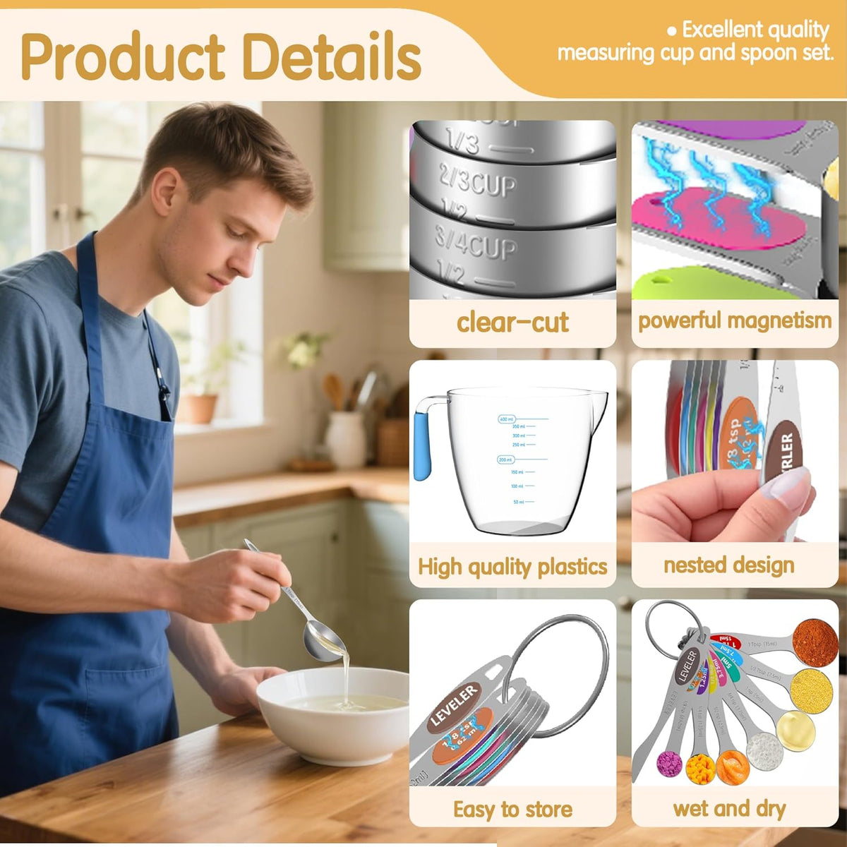 Magnetic Stainless Steel Measuring Cups and Spoons Set for Cooking & Baking, 3 Plastic Measuring Cups, 5 Magnetic Measuring Cups, 7 Magnetic Measuring Spoons, 1 Leveler, 1 Measuring Chart
