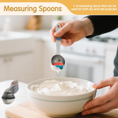 Magnetic Stainless Steel Measuring Cups and Spoons Set for Cooking & Baking, 3 Plastic Measuring Cups, 5 Magnetic Measuring Cups, 7 Magnetic Measuring Spoons, 1 Leveler, 1 Measuring Chart