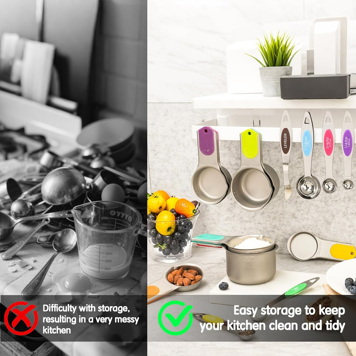 Magnetic Stainless Steel Measuring Cups and Spoons Set for Cooking & Baking, 3 Plastic Measuring Cups, 5 Magnetic Measuring Cups, 7 Magnetic Measuring Spoons, 1 Leveler, 1 Measuring Chart