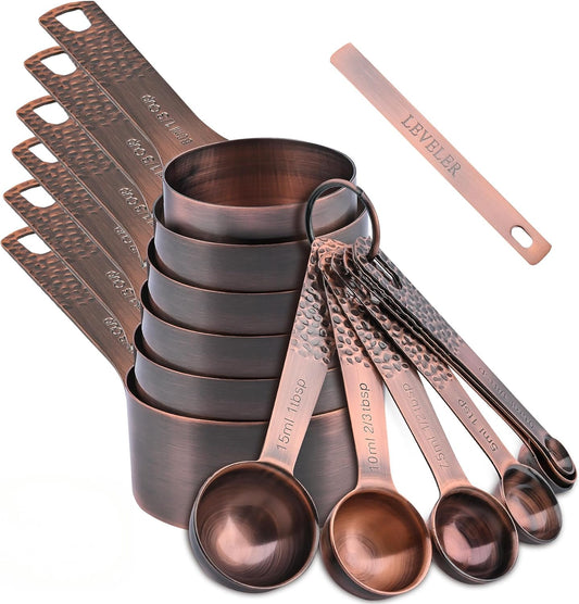 Measuring Cups and Spoons Set 14, Copper Measuring Cups and Spoons Set for Dry & Liquid, Metric & US Stainless Steel 6 Measure Cups and 7 Spoons Set w/Leveler for Kitchen & Baking