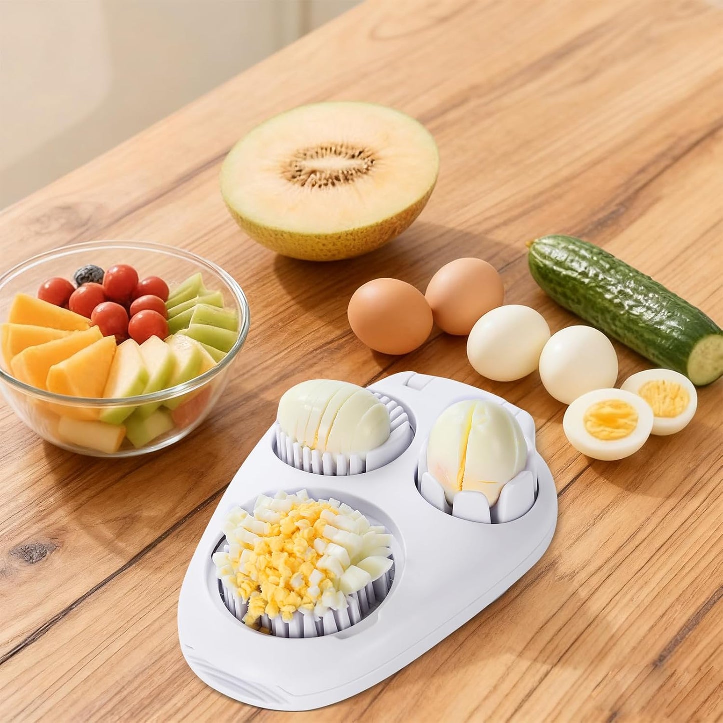 3-In-1 Egg Slicer, White | Stainless Steel, Heavy Duty, For Hard Boiled Eggs, Fits Strawberry Apple Banana Cherry Tomato