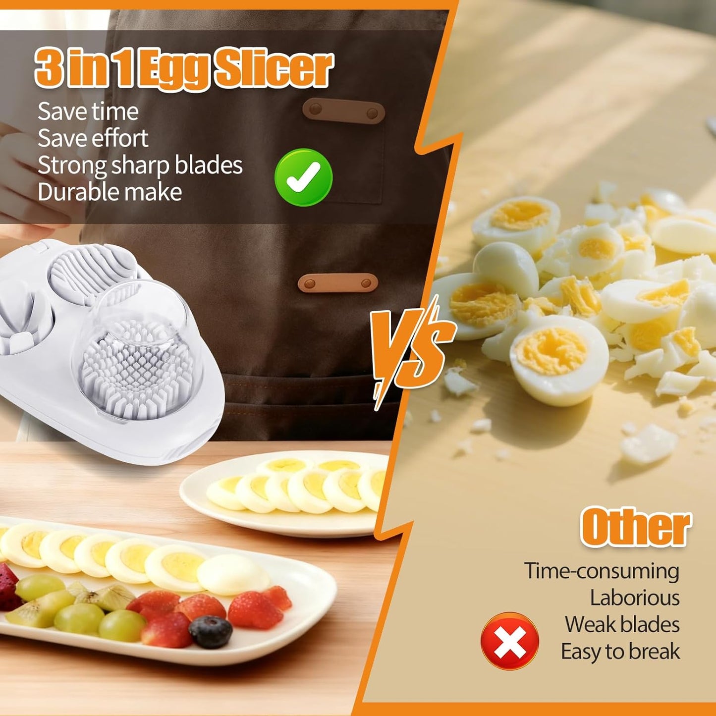 3-In-1 Egg Slicer, White | Stainless Steel, Heavy Duty, For Hard Boiled Eggs, Fits Strawberry Apple Banana Cherry Tomato