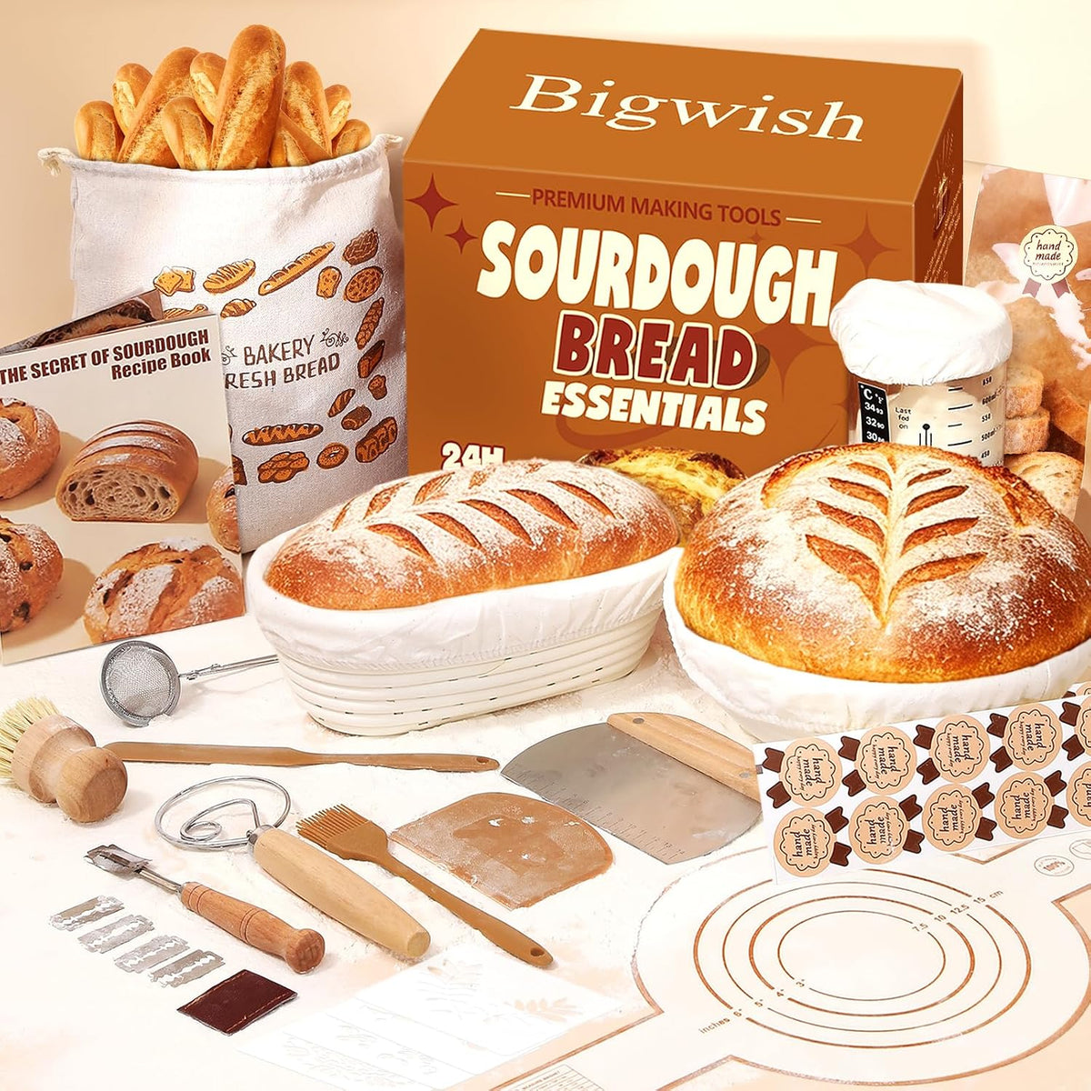 Sourdough Starter Kit with Banneton Proofing Basket, Jar and Baking Tools