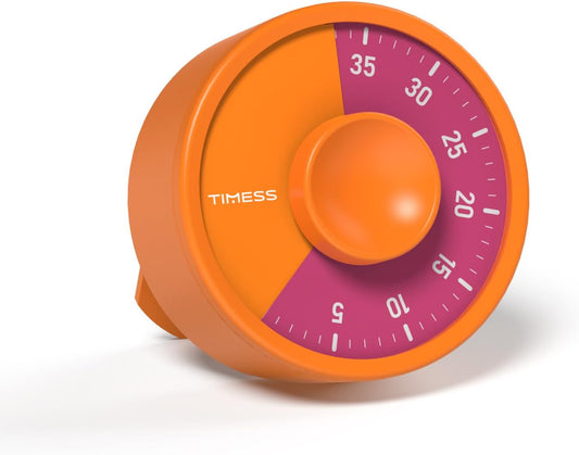60-Minute Visual Timer with Twist-to-Set Dial and Loud Alarm, Orange | Manual rotary countdown dial, battery powered, clear visual display for study, focus, classroom, office, and home use