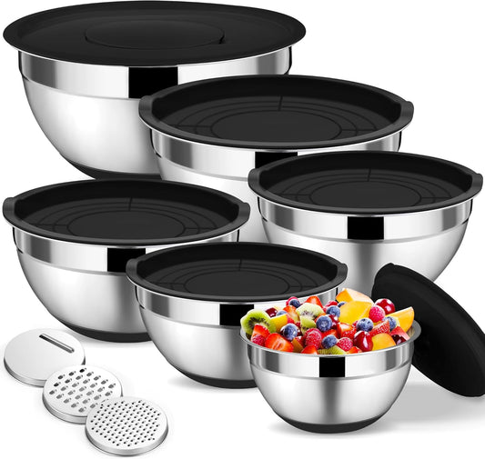 Mixing Bowls, Stainless Steel Salad Bowl with Lid & Graters -Black | 6 PCS for Kitchen Baking Serving Prepping, Container for Dough Veggie Fruit, Non-Slip & Nesting, 4.6 /3.5 /2 /1.5 /1 /0.7 QT