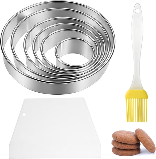 6 Inch Round Cookie Mold Circle Cookie Cutter 8 Piece Round Cookie-Cutter & Scraper & Silicone Pastry Brush Set for Pastry,Donut,Fondant,Cake,Cookies, Diameter (2, 3, 3.7, 4.3, 5.3, 6 Inch)
