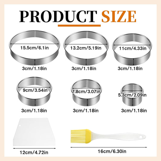 6 Inch Round Cookie Mold Circle Cookie Cutter 8 Piece Round Cookie-Cutter & Scraper & Silicone Pastry Brush Set for Pastry,Donut,Fondant,Cake,Cookies, Diameter (2, 3, 3.7, 4.3, 5.3, 6 Inch)