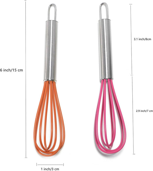 Mini Whisks 6 inch 2Pcs Stainless Whisk+silica gel, Hand Egg Mixer for Flour Cake Egg, Kitchen Cooking Baking Use Whisk