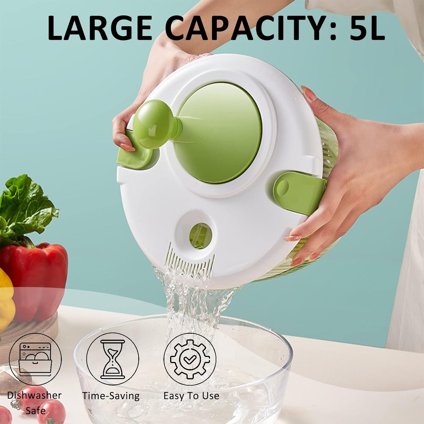 Salad Spinner, 5L Vegetable Washer & Dryer with Colander & Bowl | Built-in Drainage, Locking Clamps, Lid Stays On, Multi-Use Lettuce Spinner, Fruit Washer, Pasta and Fries Spinner