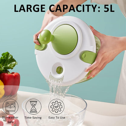 Salad Spinner, 5L Vegetable Washer & Dryer with Colander & Bowl | Built-in Drainage, Locking Clamps, Lid Stays On, Multi-Use Lettuce Spinner, Fruit Washer, Pasta and Fries Spinner