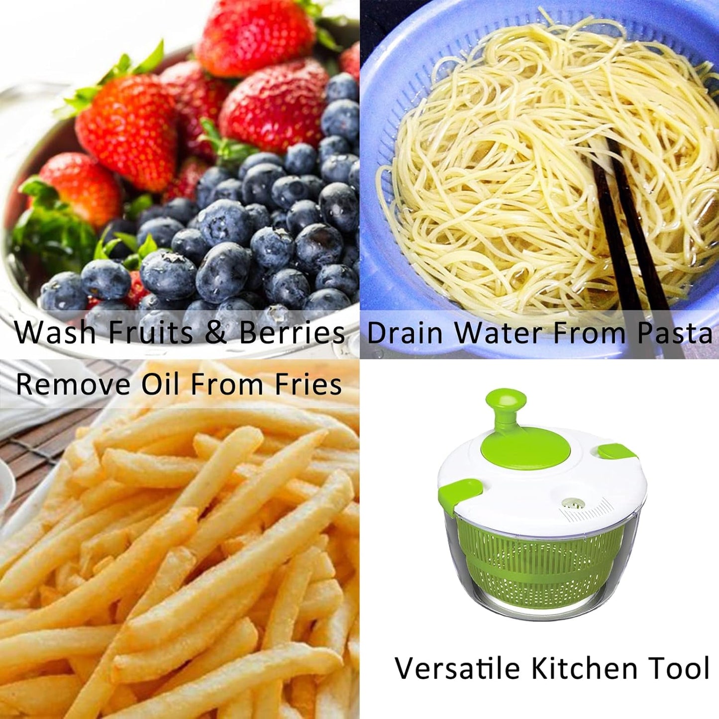 Salad Spinner, 5L Vegetable Washer & Dryer with Colander & Bowl | Built-in Drainage, Locking Clamps, Lid Stays On, Multi-Use Lettuce Spinner, Fruit Washer, Pasta and Fries Spinner