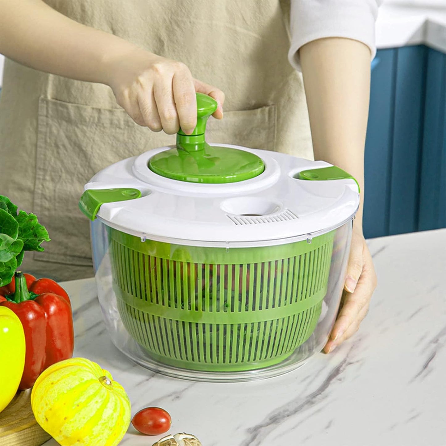 Salad Spinner, 5L Vegetable Washer & Dryer with Colander & Bowl | Built-in Drainage, Locking Clamps, Lid Stays On, Multi-Use Lettuce Spinner, Fruit Washer, Pasta and Fries Spinner