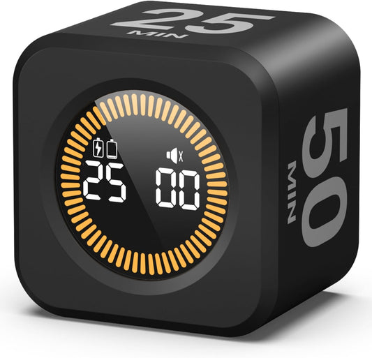 Pomodoro Timer Visual - Productivity Pomodoro Cube, 5/10/25/50 Min Countdown & Countup, Silent – Ideal for Work Study Cook Workout Kitchen School Classroom Office ADHD Gift Kids (1, Black)