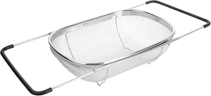 Colander 1 Count 5.5 qt Dishwasher-Safe Stainless Steel Coarse Mesh Colander with Over-The-Sink Expandable Handles Kitchen Strainer Basket for Pasta, Fruits, and Vegetables