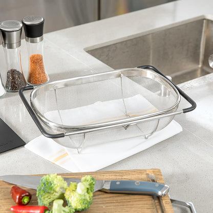Colander 1 Count 5.5 qt Dishwasher-Safe Stainless Steel Coarse Mesh Colander with Over-The-Sink Expandable Handles Kitchen Strainer Basket for Pasta, Fruits, and Vegetables