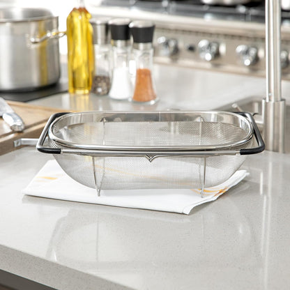 Colander 1 Count 5.5 qt Dishwasher-Safe Stainless Steel Coarse Mesh Colander with Over-The-Sink Expandable Handles Kitchen Strainer Basket for Pasta, Fruits, and Vegetables