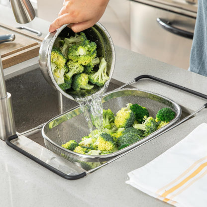Colander 1 Count 5.5 qt Dishwasher-Safe Stainless Steel Coarse Mesh Colander with Over-The-Sink Expandable Handles Kitchen Strainer Basket for Pasta, Fruits, and Vegetables