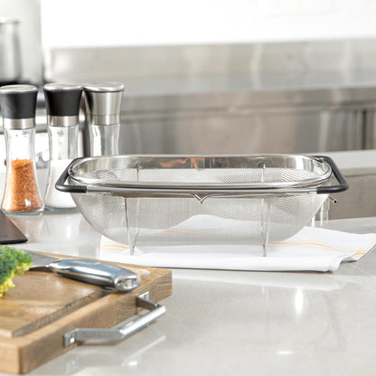 Colander 1 Count 5.5 qt Dishwasher-Safe Stainless Steel Coarse Mesh Colander with Over-The-Sink Expandable Handles Kitchen Strainer Basket for Pasta, Fruits, and Vegetables