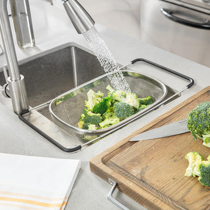 Colander 1 Count 5.5 qt Dishwasher-Safe Stainless Steel Coarse Mesh Colander with Over-The-Sink Expandable Handles Kitchen Strainer Basket for Pasta, Fruits, and Vegetables