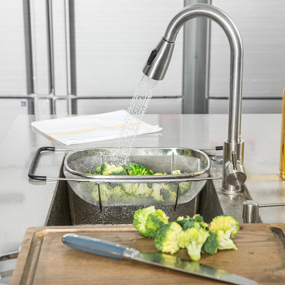 Colander 1 Count 5.5 qt Dishwasher-Safe Stainless Steel Coarse Mesh Colander with Over-The-Sink Expandable Handles Kitchen Strainer Basket for Pasta, Fruits, and Vegetables