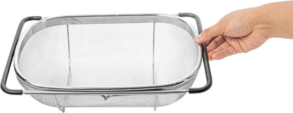 Colander 1 Count 5.5 qt Dishwasher-Safe Stainless Steel Coarse Mesh Colander with Over-The-Sink Expandable Handles Kitchen Strainer Basket for Pasta, Fruits, and Vegetables