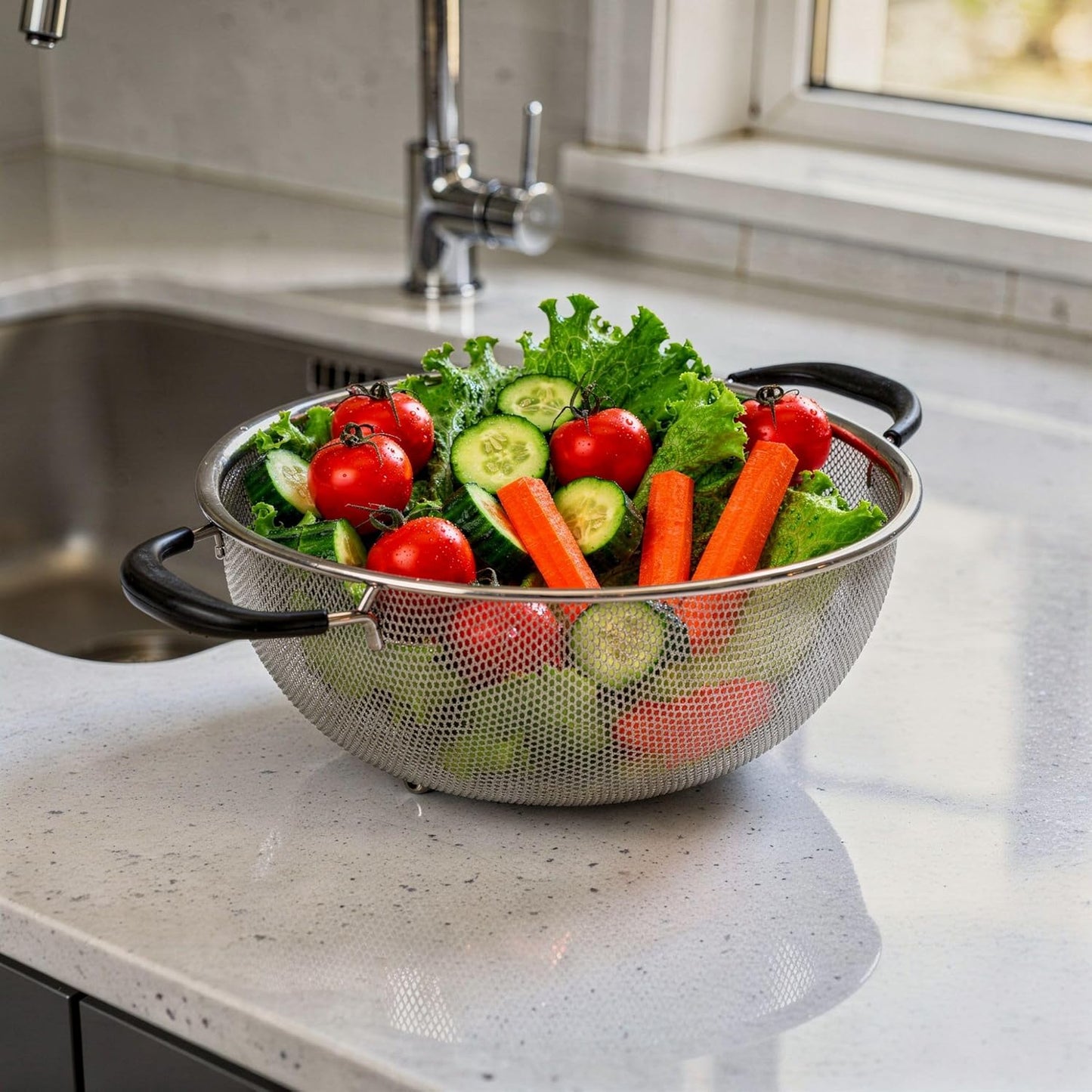 Colander 1 Count 5.5 qt Dishwasher-Safe Stainless Steel Coarse Mesh Colander with Over-The-Sink Expandable Handles Kitchen Strainer Basket for Pasta, Fruits, and Vegetables