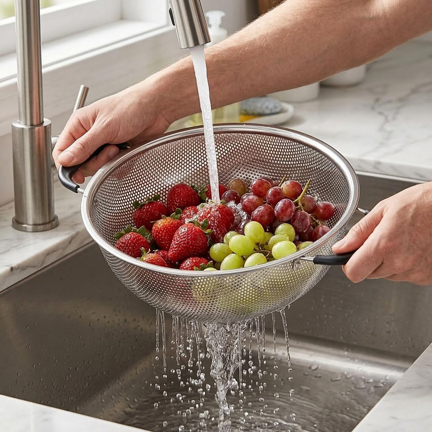 Colander 1 Count 5.5 qt Dishwasher-Safe Stainless Steel Coarse Mesh Colander with Over-The-Sink Expandable Handles Kitchen Strainer Basket for Pasta, Fruits, and Vegetables