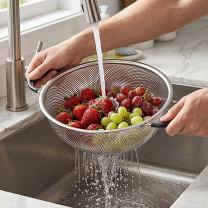 Colander 1 Count 5.5 qt Dishwasher-Safe Stainless Steel Coarse Mesh Colander with Over-The-Sink Expandable Handles Kitchen Strainer Basket for Pasta, Fruits, and Vegetables