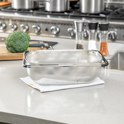 Colander 1 Count 5.5 qt Dishwasher-Safe Stainless Steel Coarse Mesh Colander with Over-The-Sink Expandable Handles Kitchen Strainer Basket for Pasta, Fruits, and Vegetables