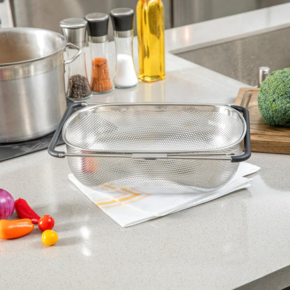 Colander 1 Count 5.5 qt Dishwasher-Safe Stainless Steel Coarse Mesh Colander with Over-The-Sink Expandable Handles Kitchen Strainer Basket for Pasta, Fruits, and Vegetables
