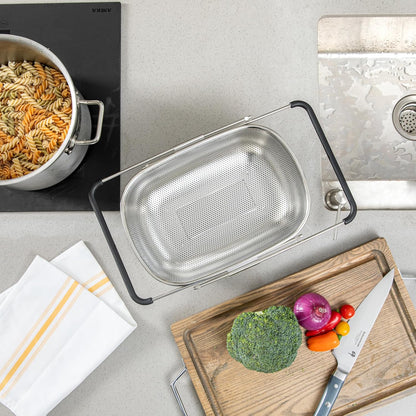 Colander 1 Count 5.5 qt Dishwasher-Safe Stainless Steel Coarse Mesh Colander with Over-The-Sink Expandable Handles Kitchen Strainer Basket for Pasta, Fruits, and Vegetables