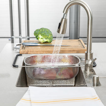 Colander 1 Count 5.5 qt Dishwasher-Safe Stainless Steel Coarse Mesh Colander with Over-The-Sink Expandable Handles Kitchen Strainer Basket for Pasta, Fruits, and Vegetables