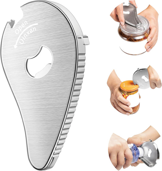 5 in 1 Bottle Opener for Small Jar Lid, Beer, Can Tab, Vacuum Seals | Effortlessly Opens Screw Caps(0.6"-2.7"), Stainless Steel Multi Portable Tool for Seniors with Arthritis & Weak Hands-Silver