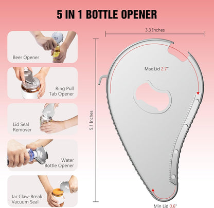 5 in 1 Bottle Opener for Small Jar Lid, Beer, Can Tab, Vacuum Seals | Effortlessly Opens Screw Caps(0.6"-2.7"), Stainless Steel Multi Portable Tool for Seniors with Arthritis & Weak Hands-Silver