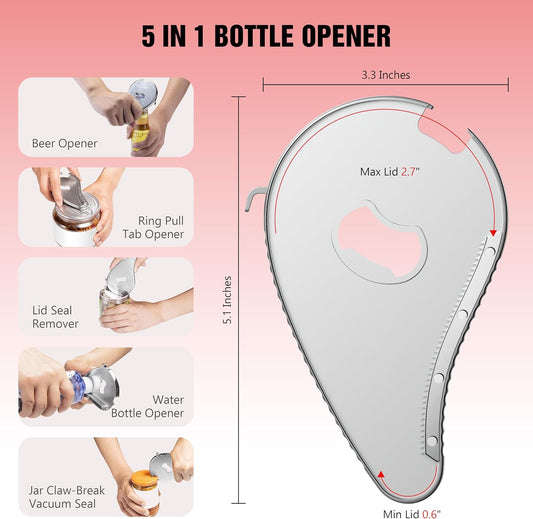 5 in 1 Bottle Opener for Small Jar Lid, Beer, Can Tab, Vacuum Seals | Effortlessly Opens Screw Caps(0.6"-2.7"), Stainless Steel Multi Portable Tool for Seniors with Arthritis & Weak Hands-Silver