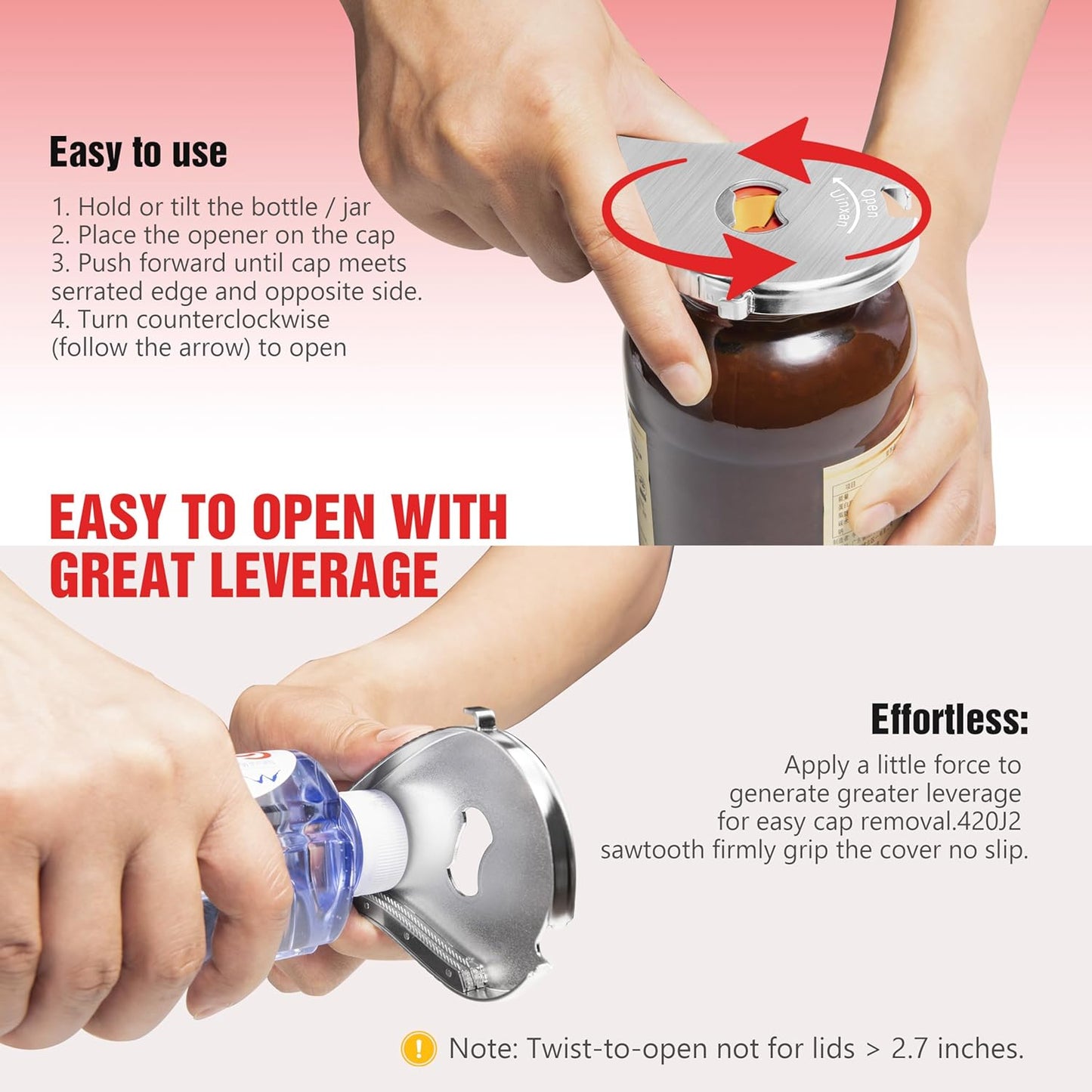 5 in 1 Bottle Opener for Small Jar Lid, Beer, Can Tab, Vacuum Seals | Effortlessly Opens Screw Caps(0.6"-2.7"), Stainless Steel Multi Portable Tool for Seniors with Arthritis & Weak Hands-Silver