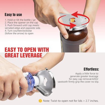 5 in 1 Bottle Opener for Small Jar Lid, Beer, Can Tab, Vacuum Seals | Effortlessly Opens Screw Caps(0.6"-2.7"), Stainless Steel Multi Portable Tool for Seniors with Arthritis & Weak Hands-Silver