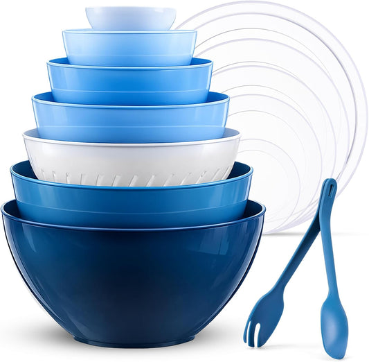 15 Piece Mixing Bowls with Lids Set, Super Large(6.87-0.21QT) Plastic Nesting Bowls 6 Prep Bowls 6 Lids 1 Colander 2-in-1 Spoon Microwave Dishwasher Safe for Preparing Mixing Serving Storing