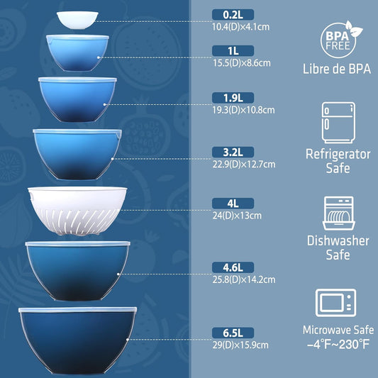 15 Piece Mixing Bowls with Lids Set, Super Large(6.87-0.21QT) Plastic Nesting Bowls 6 Prep Bowls 6 Lids 1 Colander 2-in-1 Spoon Microwave Dishwasher Safe for Preparing Mixing Serving Storing
