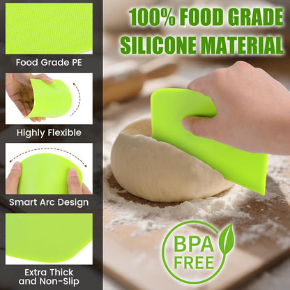 Dough Scraper Set with 2 Flexible Bowl Scrapers - Stainless Steel Dough Cutter & Bench Scraper with Measuring Scale - Versatile Kitchen Scraper for Bread, Pastry, Pizza, Cake - Black & Green