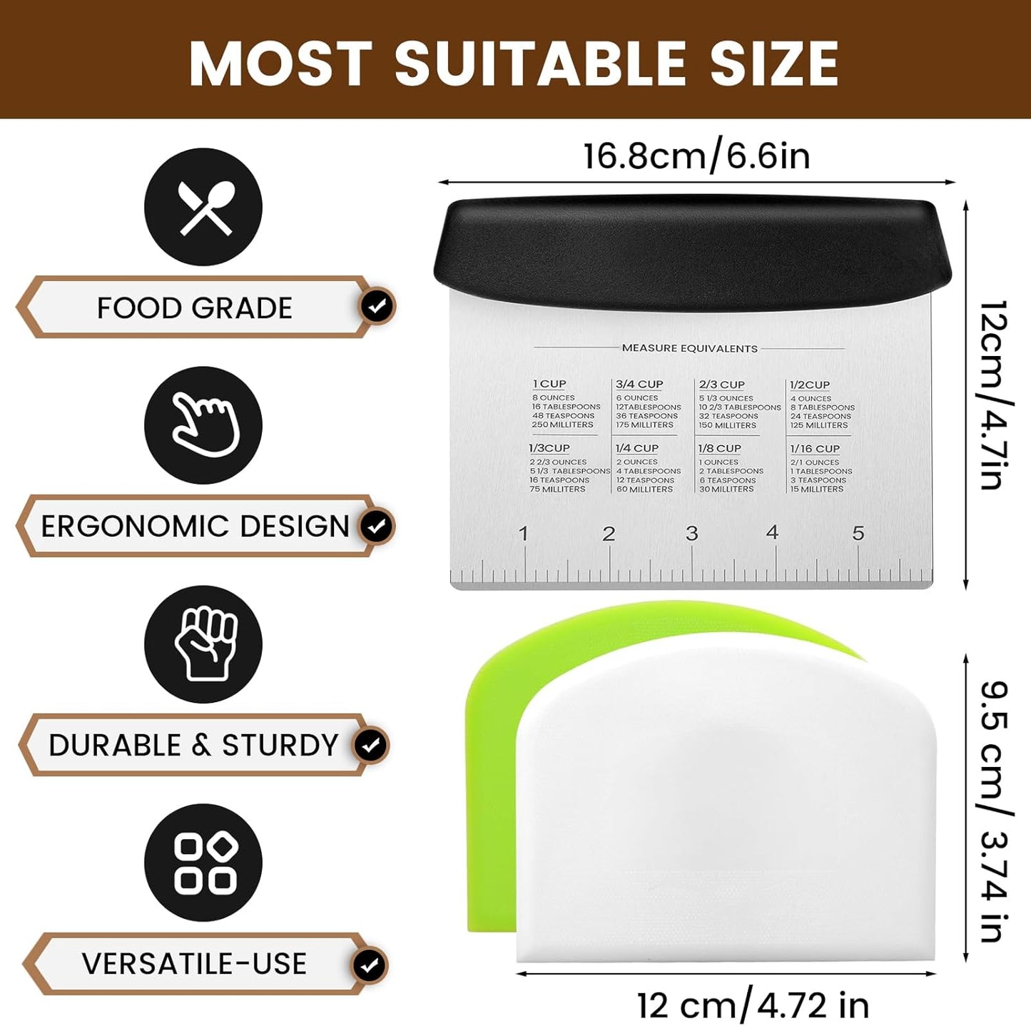 Dough Scraper Set with 2 Flexible Bowl Scrapers - Stainless Steel Dough Cutter & Bench Scraper with Measuring Scale - Versatile Kitchen Scraper for Bread, Pastry, Pizza, Cake - Black & Green
