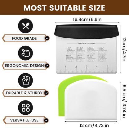 Dough Scraper Set with 2 Flexible Bowl Scrapers - Stainless Steel Dough Cutter & Bench Scraper with Measuring Scale - Versatile Kitchen Scraper for Bread, Pastry, Pizza, Cake - Black & Green