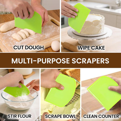 Dough Scraper Set with 2 Flexible Bowl Scrapers - Stainless Steel Dough Cutter & Bench Scraper with Measuring Scale - Versatile Kitchen Scraper for Bread, Pastry, Pizza, Cake - Black & Green