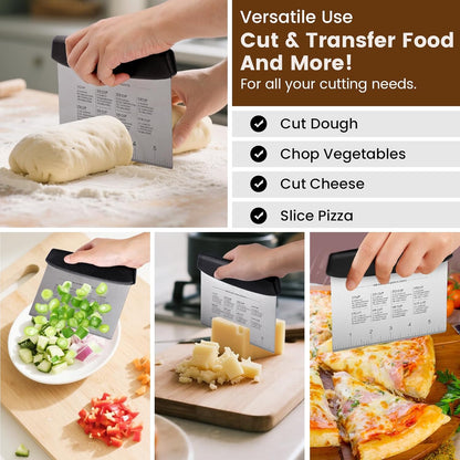 Dough Scraper Set with 2 Flexible Bowl Scrapers - Stainless Steel Dough Cutter & Bench Scraper with Measuring Scale - Versatile Kitchen Scraper for Bread, Pastry, Pizza, Cake - Black & Green