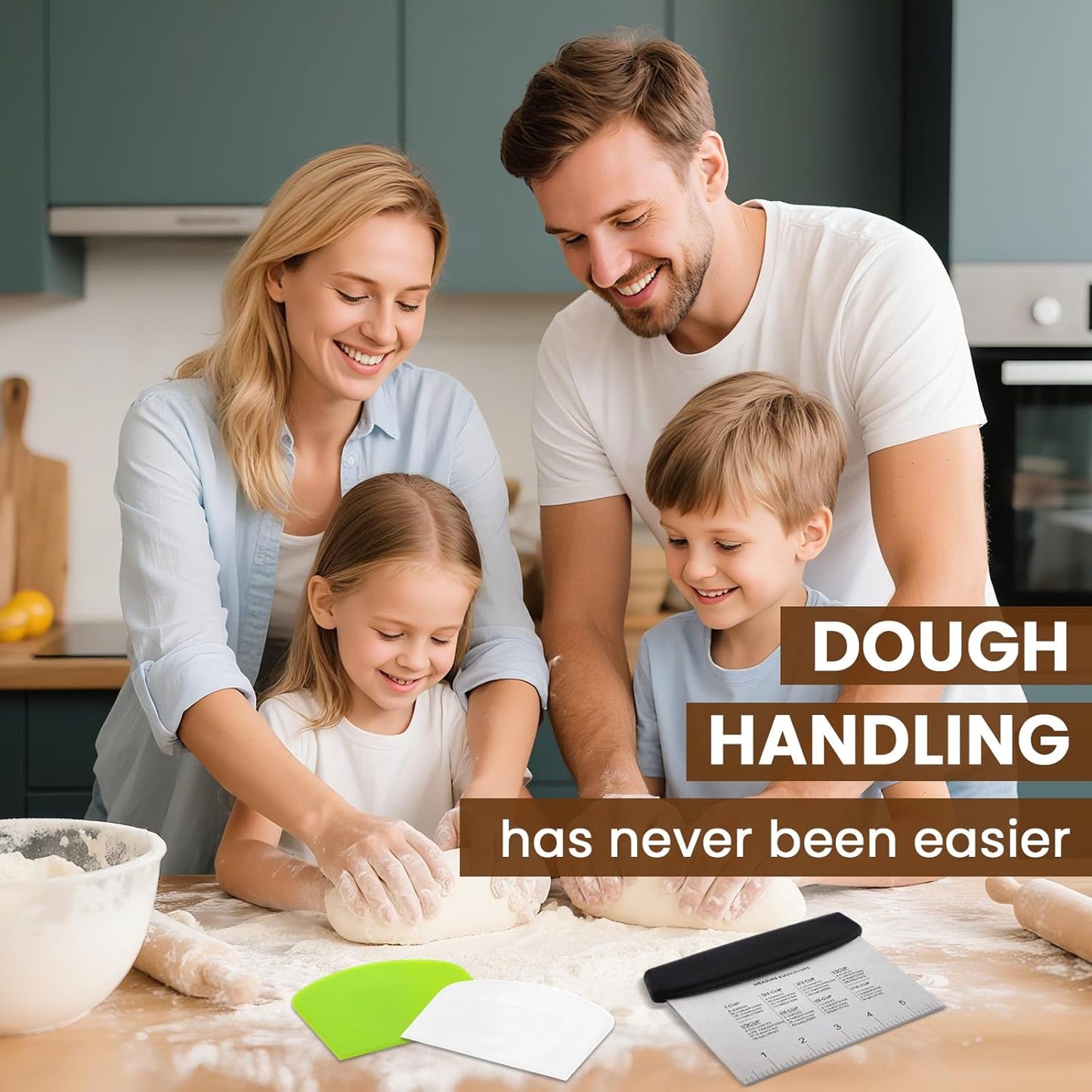 Dough Scraper Set with 2 Flexible Bowl Scrapers - Stainless Steel Dough Cutter & Bench Scraper with Measuring Scale - Versatile Kitchen Scraper for Bread, Pastry, Pizza, Cake - Black & Green