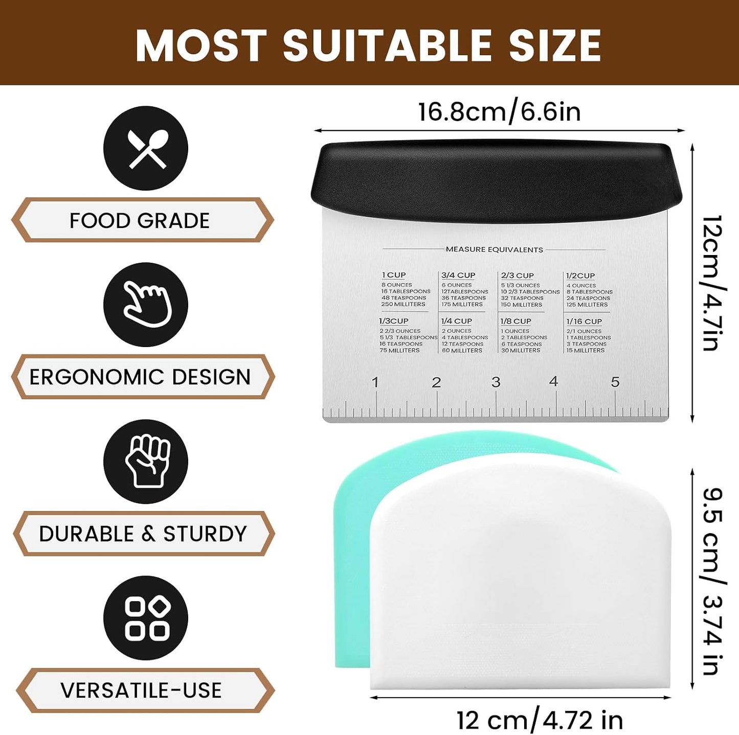 Dough Scraper Set with 2 Flexible Bowl Scrapers - Stainless Steel Dough Cutter & Bench Scraper with Measuring Scale - Versatile Kitchen Scraper for Bread, Pastry, Pizza, Cake - Black & Green