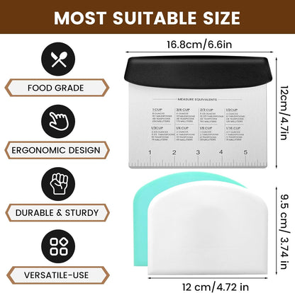 Dough Scraper Set with 2 Flexible Bowl Scrapers - Stainless Steel Dough Cutter & Bench Scraper with Measuring Scale - Versatile Kitchen Scraper for Bread, Pastry, Pizza, Cake - Black & Green